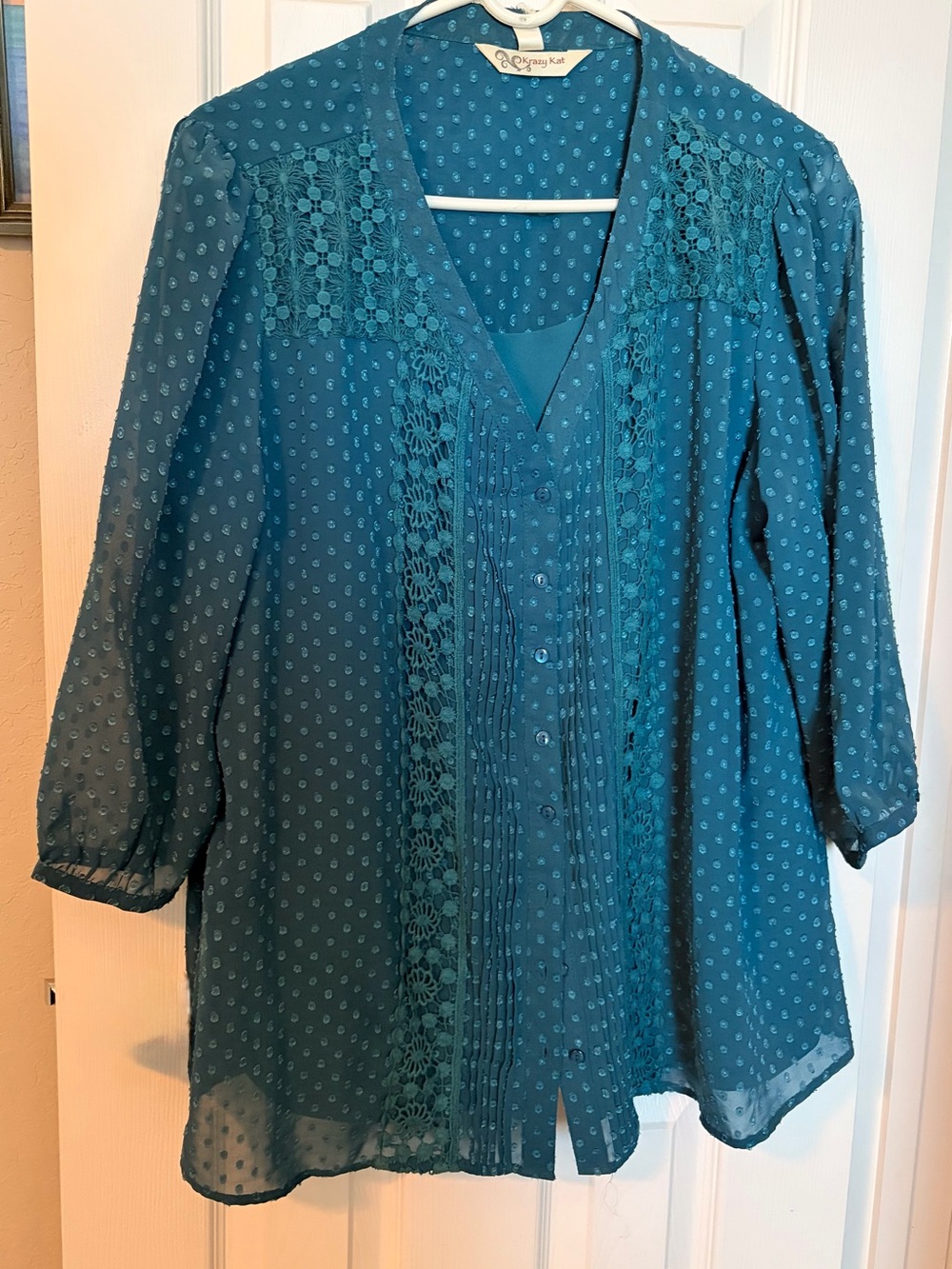 krazy kat Teal Lace-Trim Tunic Blouse - Teal